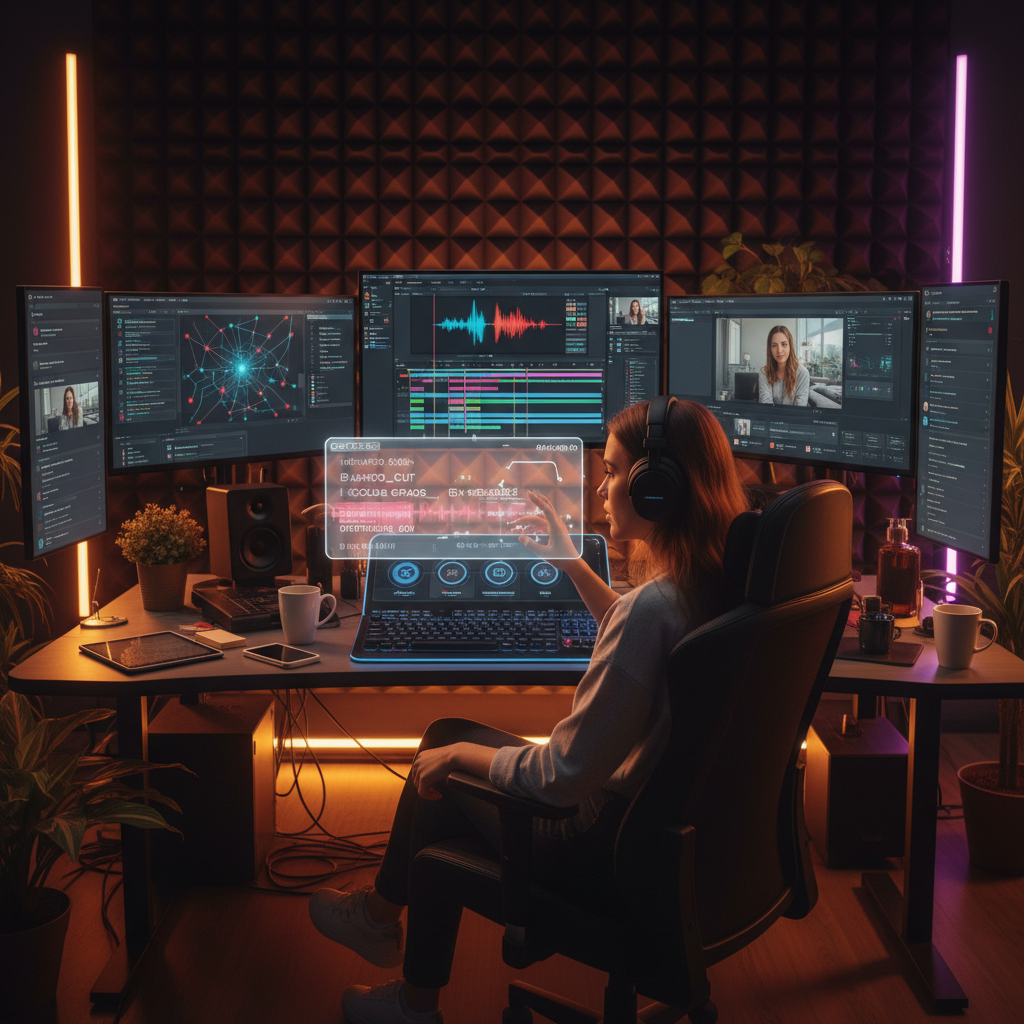 Content creator using real-time AI video editing on multiple monitors