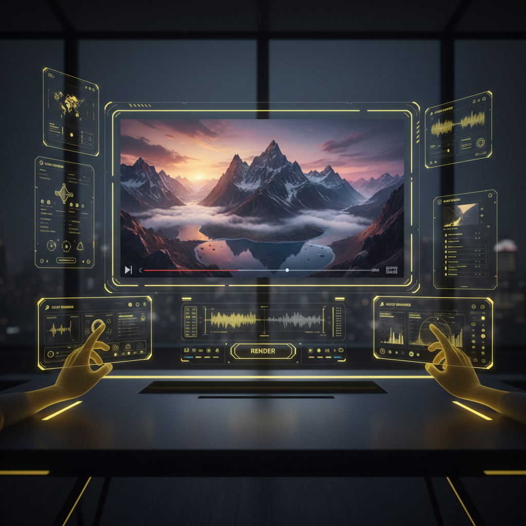 Futuristic real-time AI video editing interface with live cinematic preview