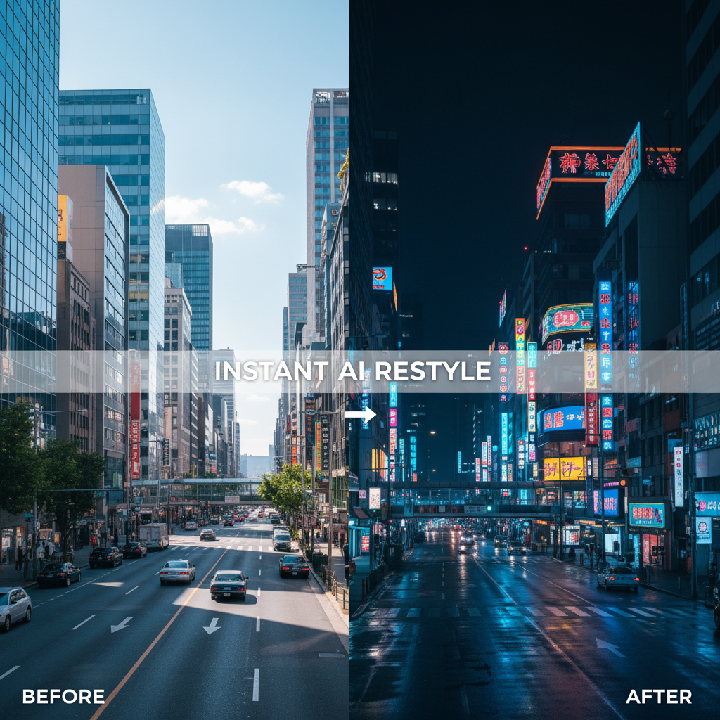 Video frame instantly restyled from day to neon night by real-time AI video editing