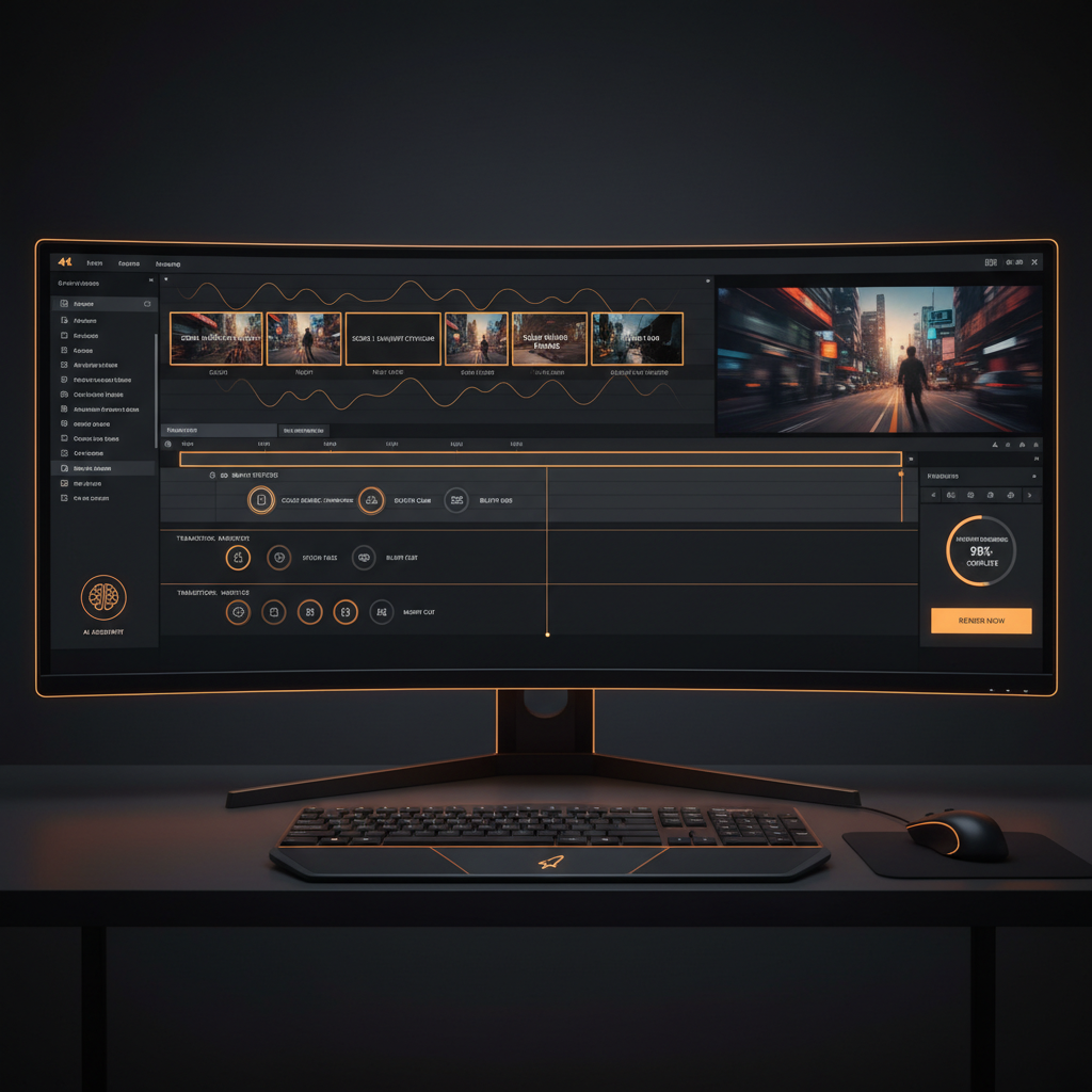 AI video editing timeline with automatic scene detection and instant rendering