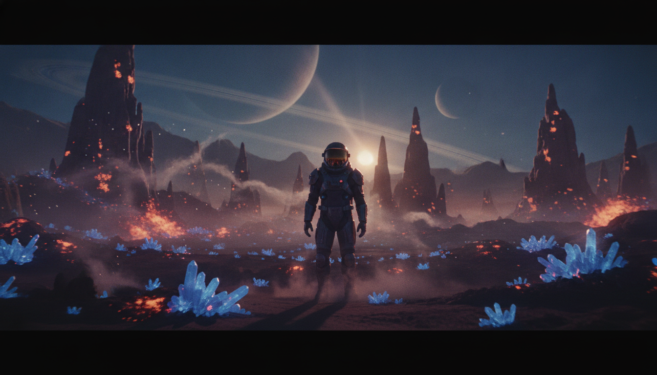 Real-time AI video generation cinematic keyframe of an astronaut on a glowing alien desert