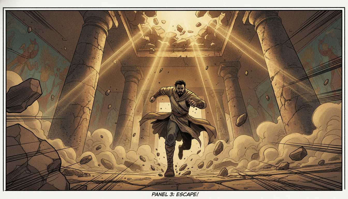 AI storyboard sequence frame of a hero running through a collapsing temple