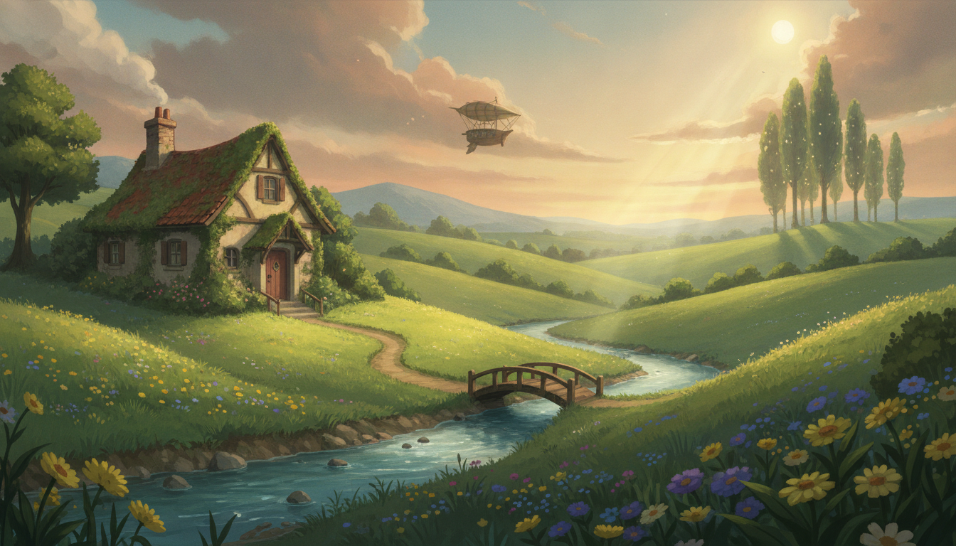 Animated video frame of a Ghibli-inspired meadow with rolling hills and a cottage