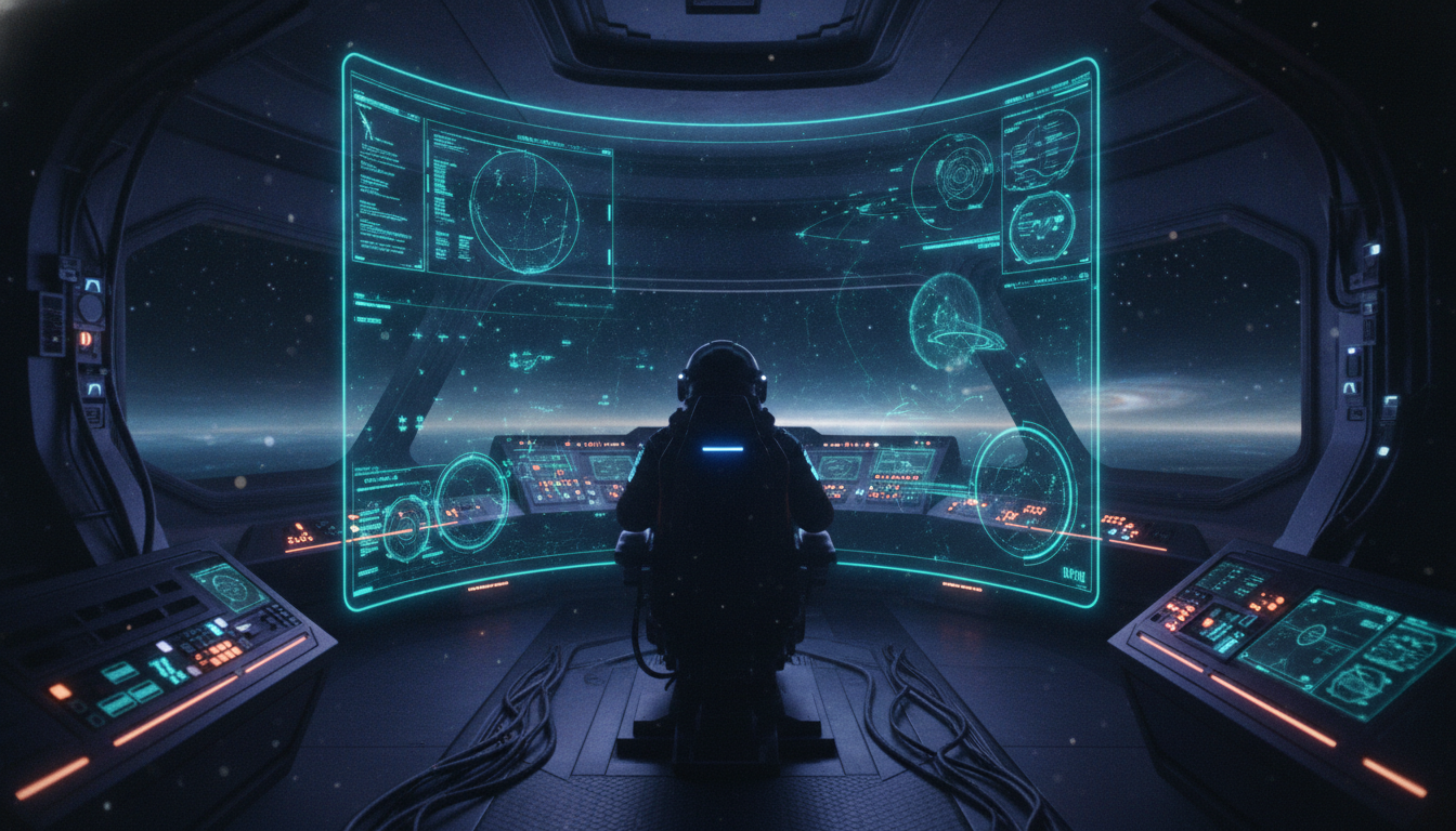 Sci-fi spaceship cockpit keyframe with glowing holographic displays rendered by AI