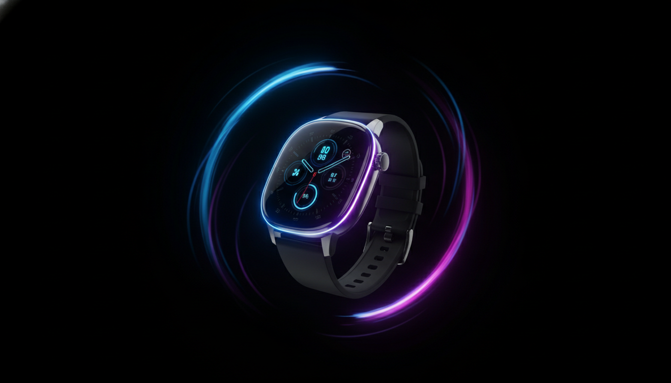 Product promo video frame of a sleek smartwatch on a dark studio background