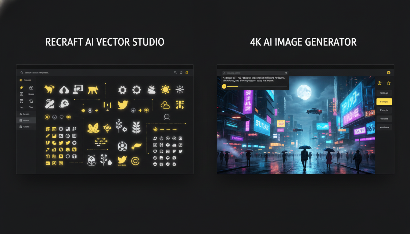 Recraft vs BananaNano2 split-screen hero — left side a vector AI design tool with flat SVG illustrations and icon sets on an infinite canvas, right side a dedicated 4K AI image generator rendering a photorealistic scene from a text prompt, dark theme yellow accents