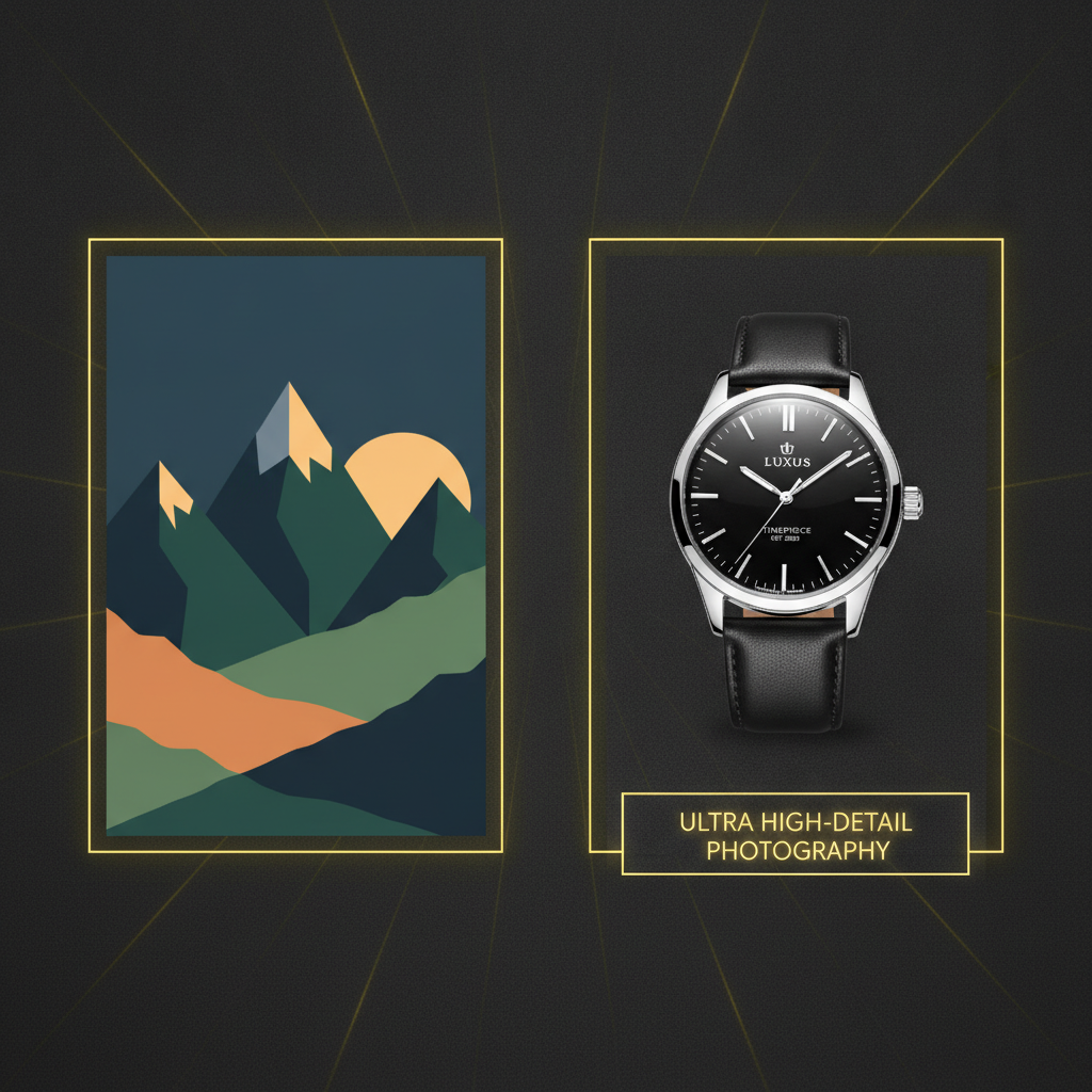Recraft vs BananaNano2 image quality comparison — left panel a flat geometric vector illustration of a mountain landscape, right panel a crisp 4K photorealistic studio product photo of a wristwatch with a readable text label, gallery framing dark theme