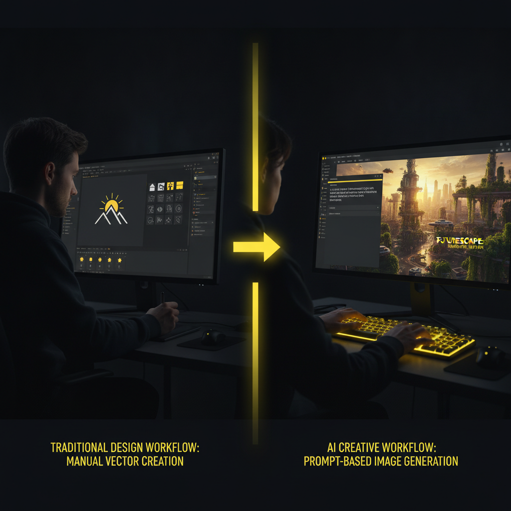Recraft vs BananaNano2 workflow comparison — left side a designer building a flat vector logo and icon set in a design tool, right side a creator typing a prompt into a professional AI image generator producing a photorealistic 4K marketing banner