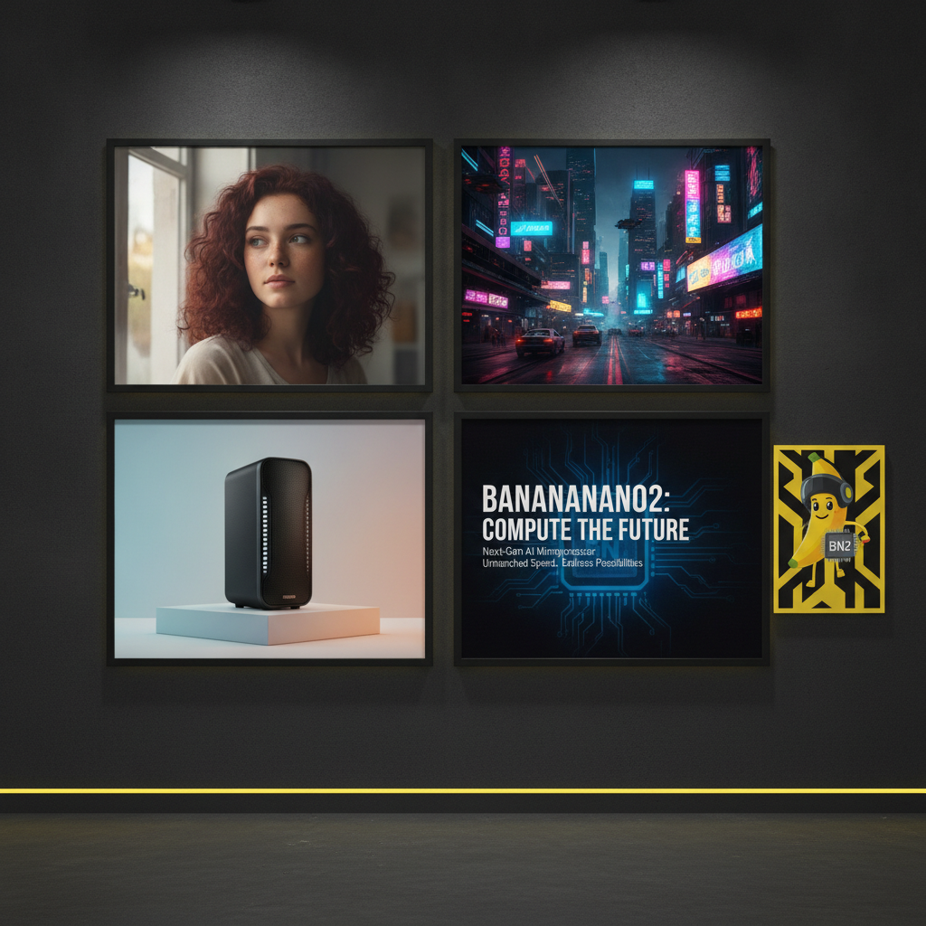 Recraft vs BananaNano2 use-case showcase — a grid of BananaNano2 generated 4K images including a photoreal portrait, a cyberpunk city, an ecommerce product shot, and a poster with readable text, next to a small flat vector illustration card
