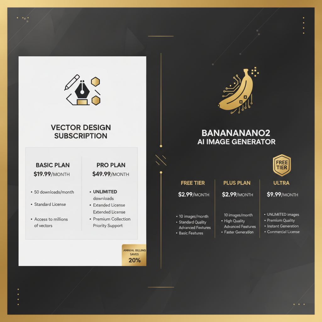 Recraft vs BananaNano2 pricing comparison infographic — a vector design subscription on the left, BananaNano2 AI image generator plans from 2.99 dollars per month with a free tier badge on the right, gold and dark theme