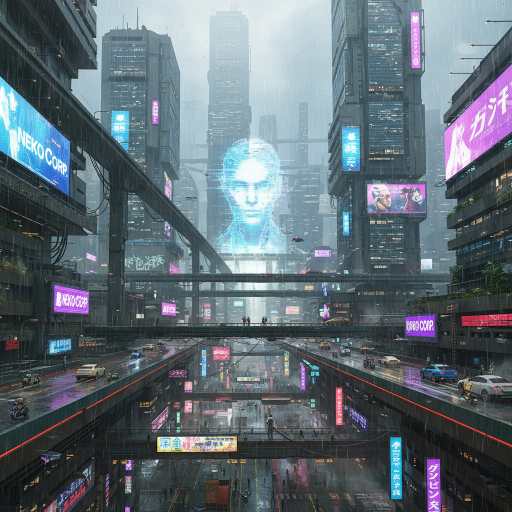 Cityscape reimagined as cyberpunk scene with AI image to image transformation