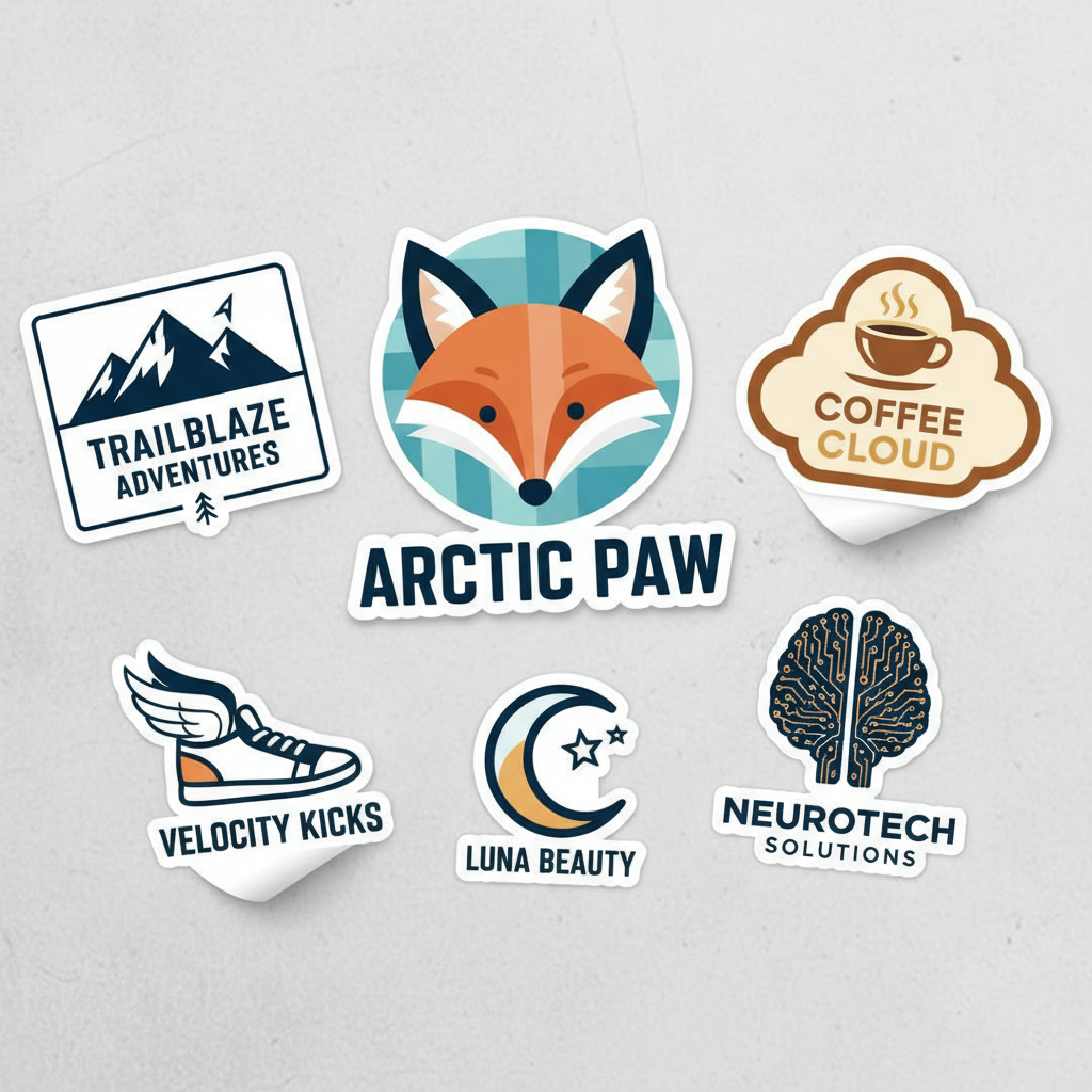 Custom brand logo stickers created with AI sticker generator