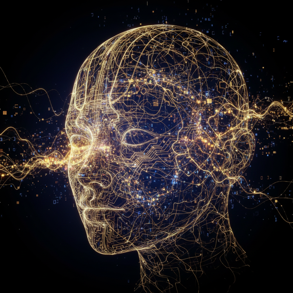 Abstract visualization of research-driven generative AI with swirling neural pathways forming a vivid digital portrait