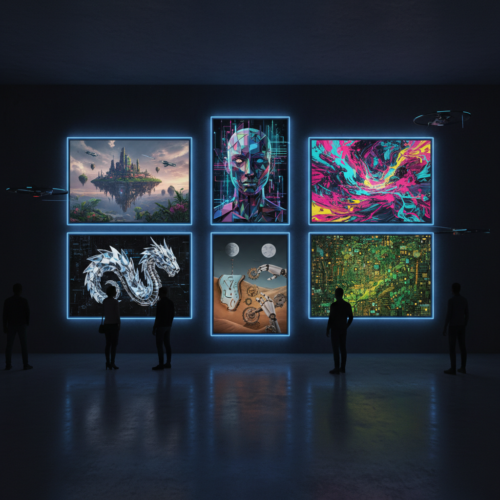 Gallery wall of six cutting-edge AI-generated artworks created by a research-first AI model in diverse styles