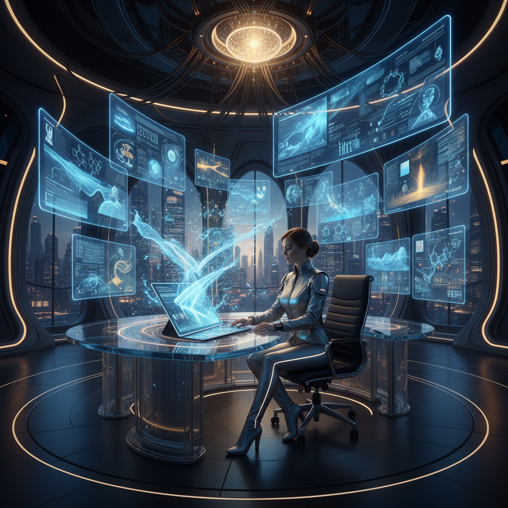 Innovator at a futuristic workstation surrounded by floating holographic AI-generated visuals from a research-first model