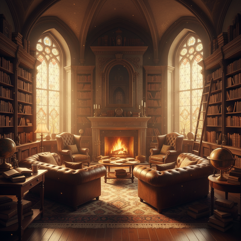 Rich text AI image description generating a detailed cinematic autumn library with golden light