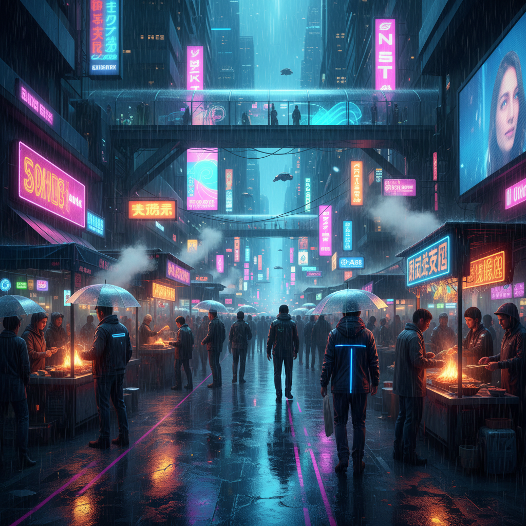 Detailed image AI creating a rainy neon night market from a descriptive text prompt