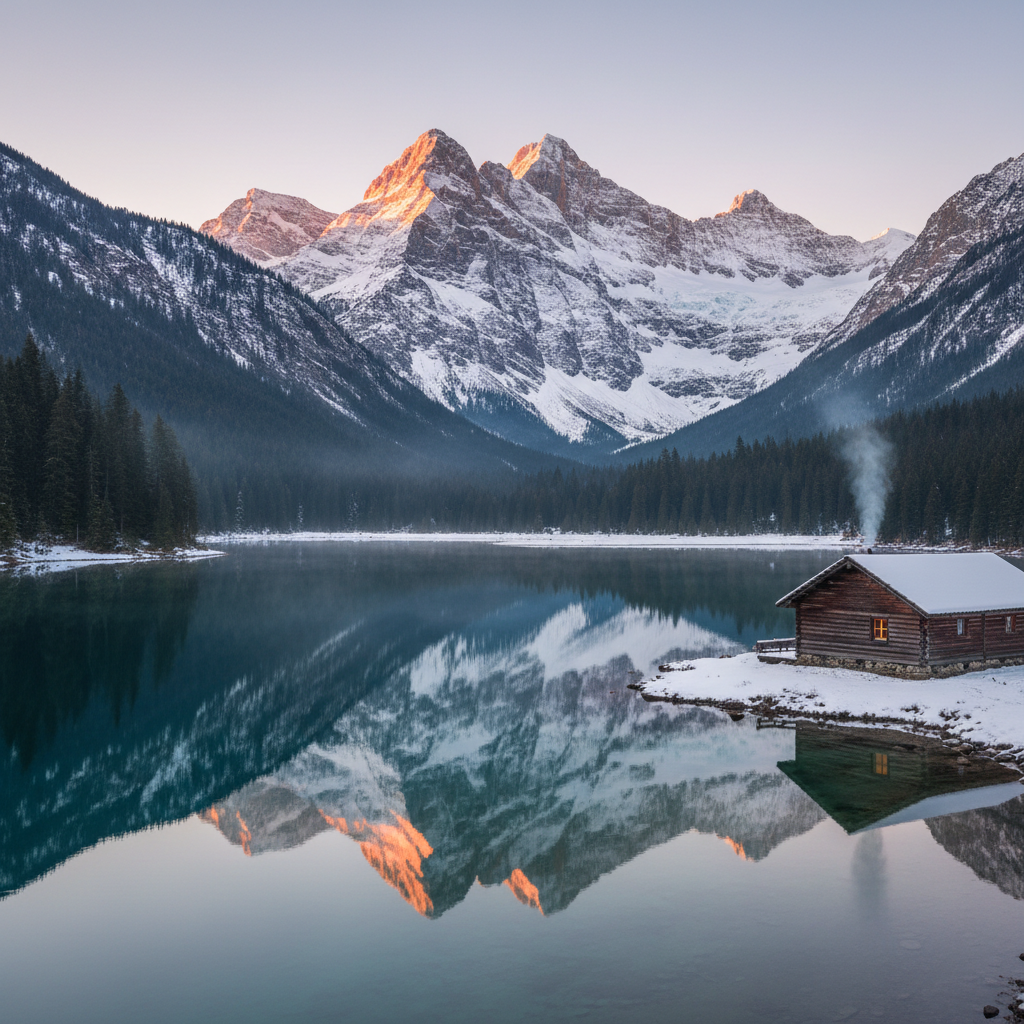 Descriptive AI image tool rendering a snow-capped mountain range and alpine lake at dawn