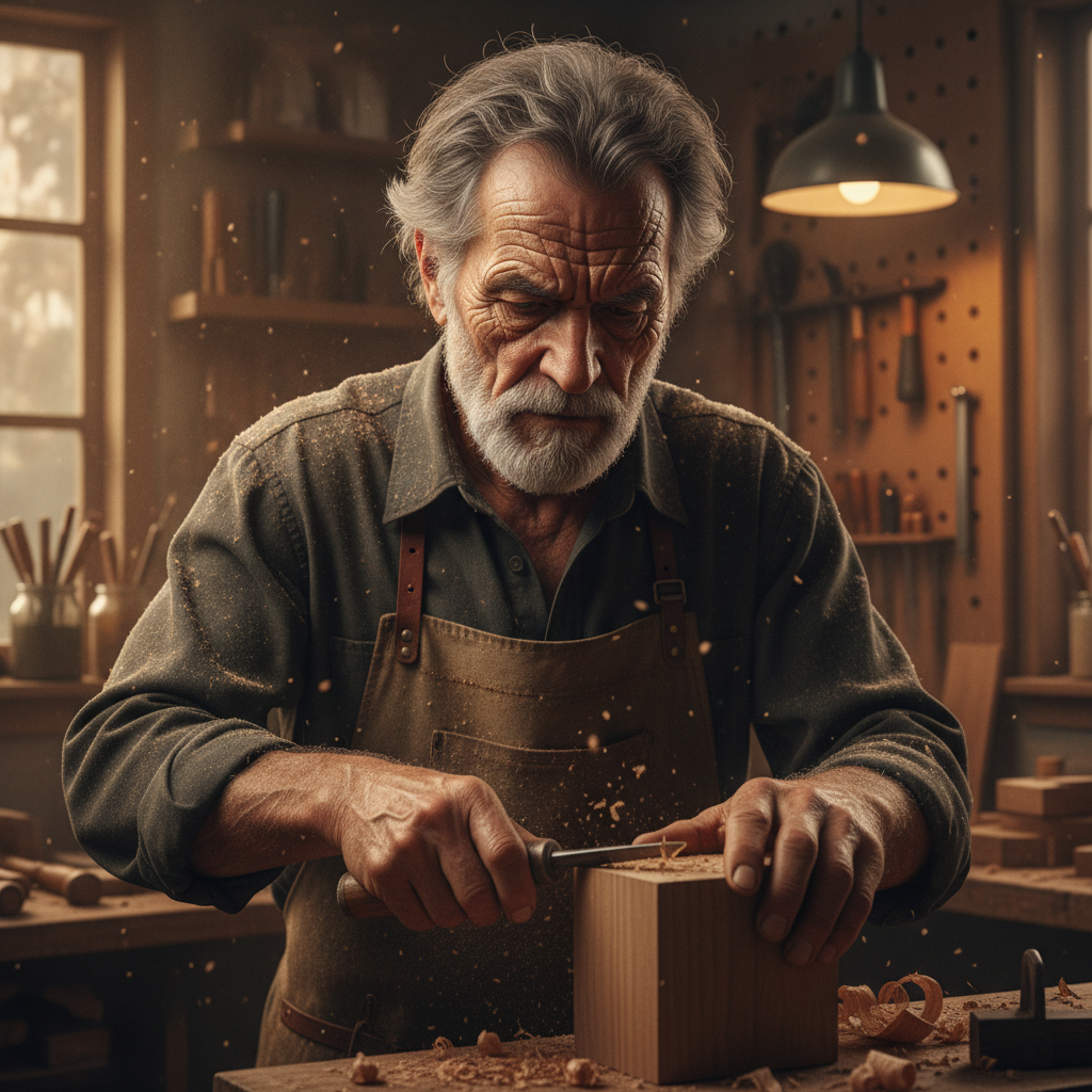 Generate image text AI producing a photorealistic portrait of an elderly craftsman carving wood