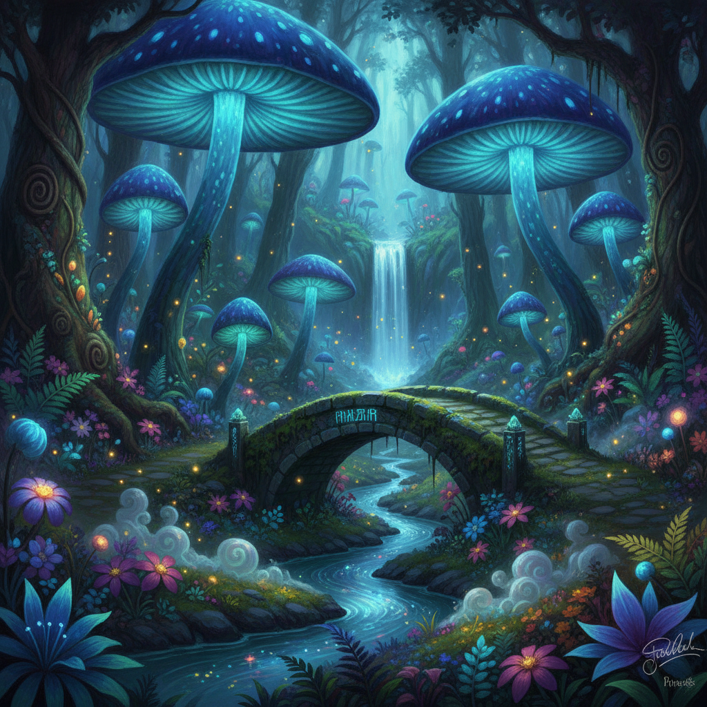 AI for image descriptions creating an enchanted forest with glowing mushrooms and fireflies