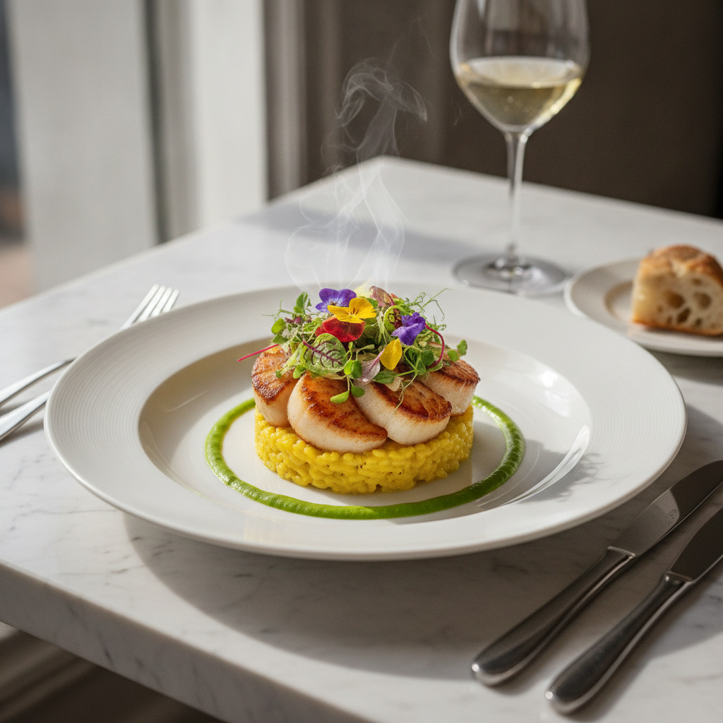 Rich text AI image description turning a detailed prompt into an elegant gourmet plated dish