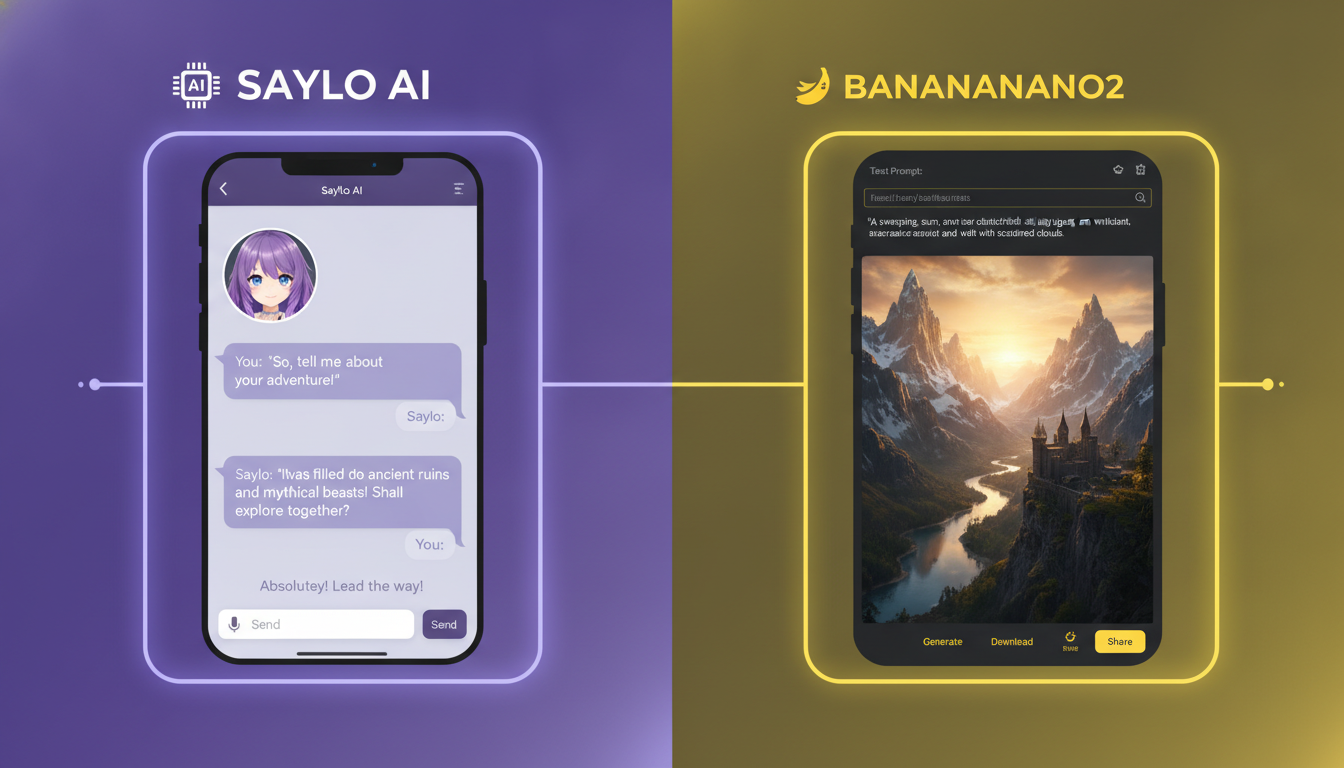 Saylo AI vs BananaNano2 split-screen hero — left side a mobile AI character chat and roleplay story app, right side a dedicated 4K AI image generator rendering a photorealistic landscape from a text prompt, dark theme yellow accents