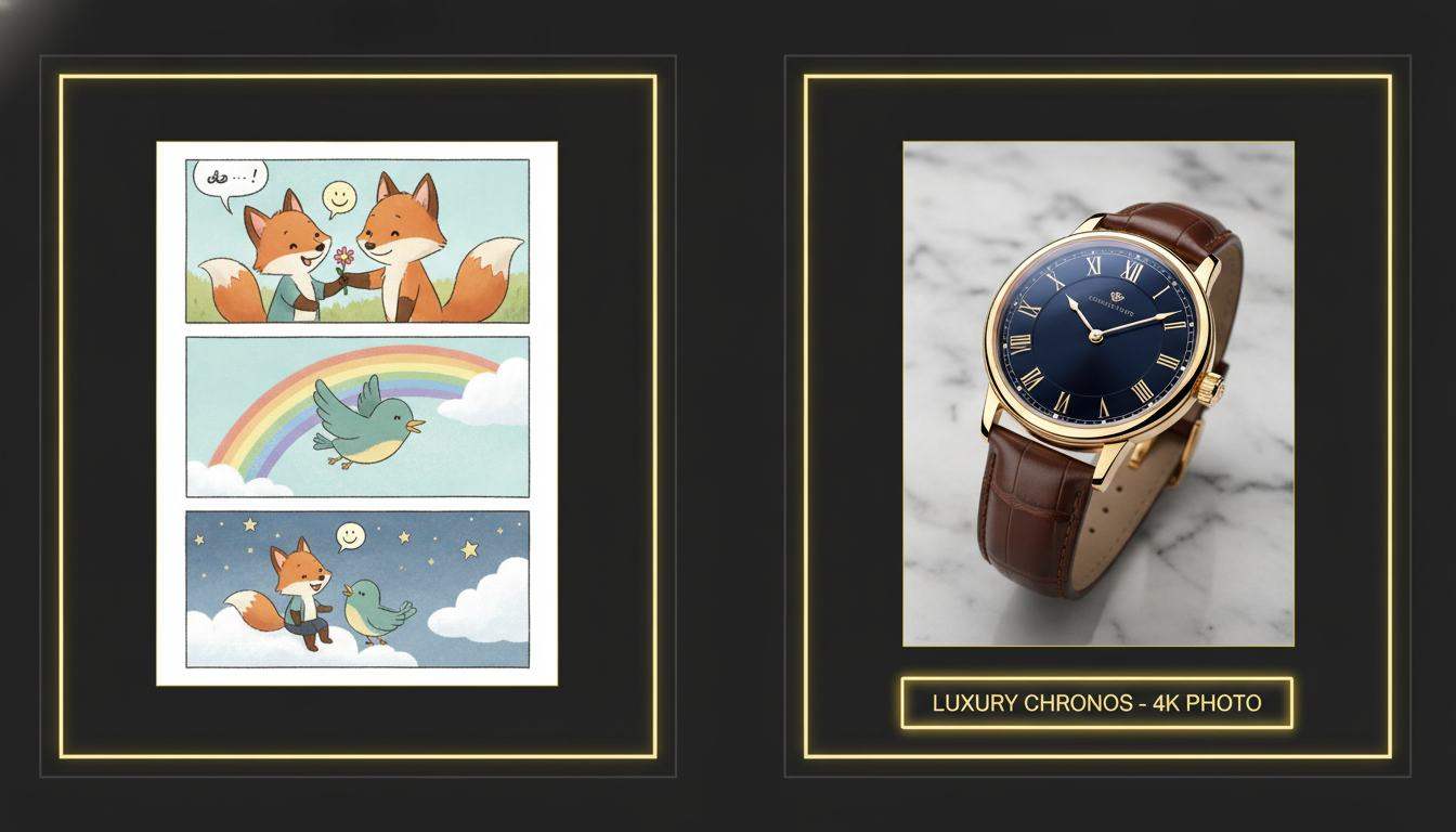Saylo AI vs BananaNano2 image quality comparison — left panel a soft illustrated story comic strip, right panel a crisp 4K photorealistic studio product photo of a wristwatch with a readable text label, gallery framing dark theme