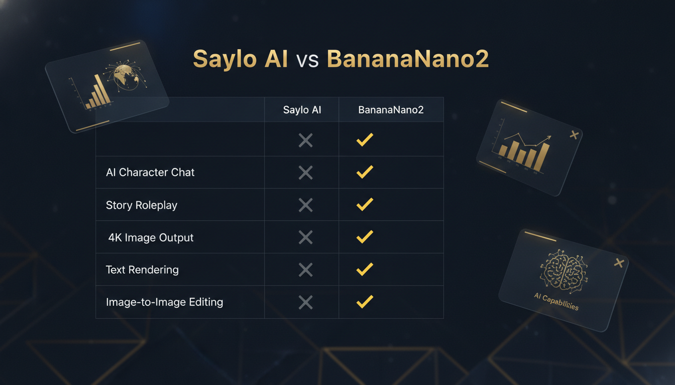 Saylo AI vs BananaNano2 feature comparison infographic — dark UI table listing AI character chat, story roleplay, AI comics, 4K image output, text rendering, and image-to-image editing with yellow checkmarks on the BananaNano2 column