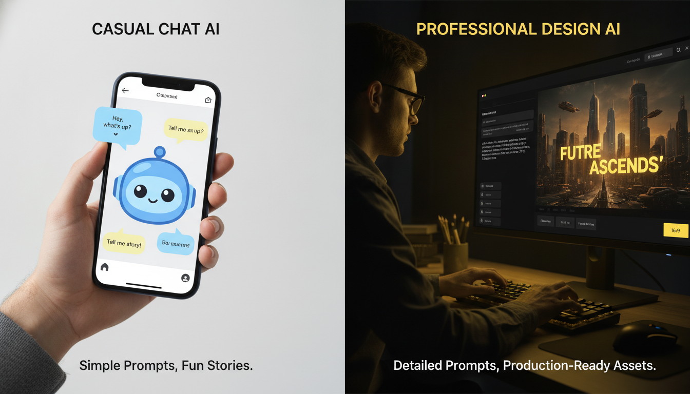 Saylo AI vs BananaNano2 workflow comparison — left side a person chatting with a friendly AI companion avatar on a phone, right side a designer typing a prompt into a professional AI image generator producing a 4K marketing banner