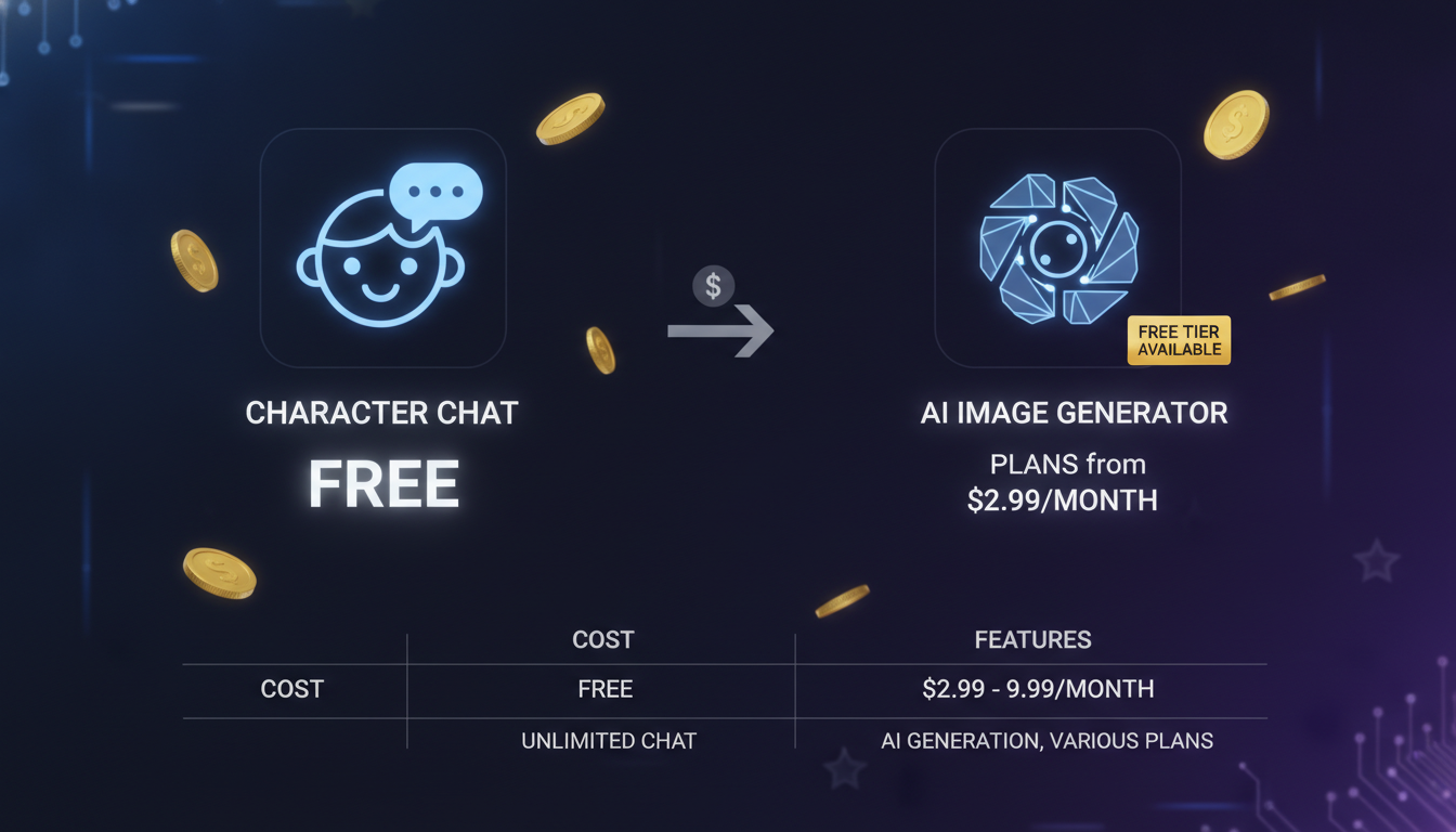 Saylo AI vs BananaNano2 pricing comparison infographic — a free character chat app on the left, BananaNano2 AI image generator plans from 2.99 dollars per month with a free tier badge on the right, gold and dark theme