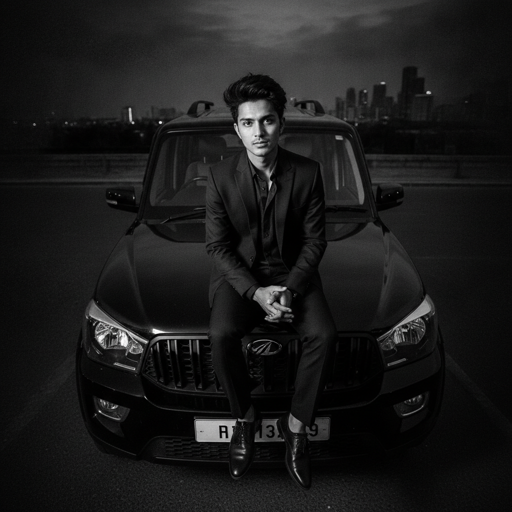 Black-and-white Scorpio AI photo of a man sitting confidently on the bonnet of a black SUV, shot from a high top-down angle with deep blacks and film grain