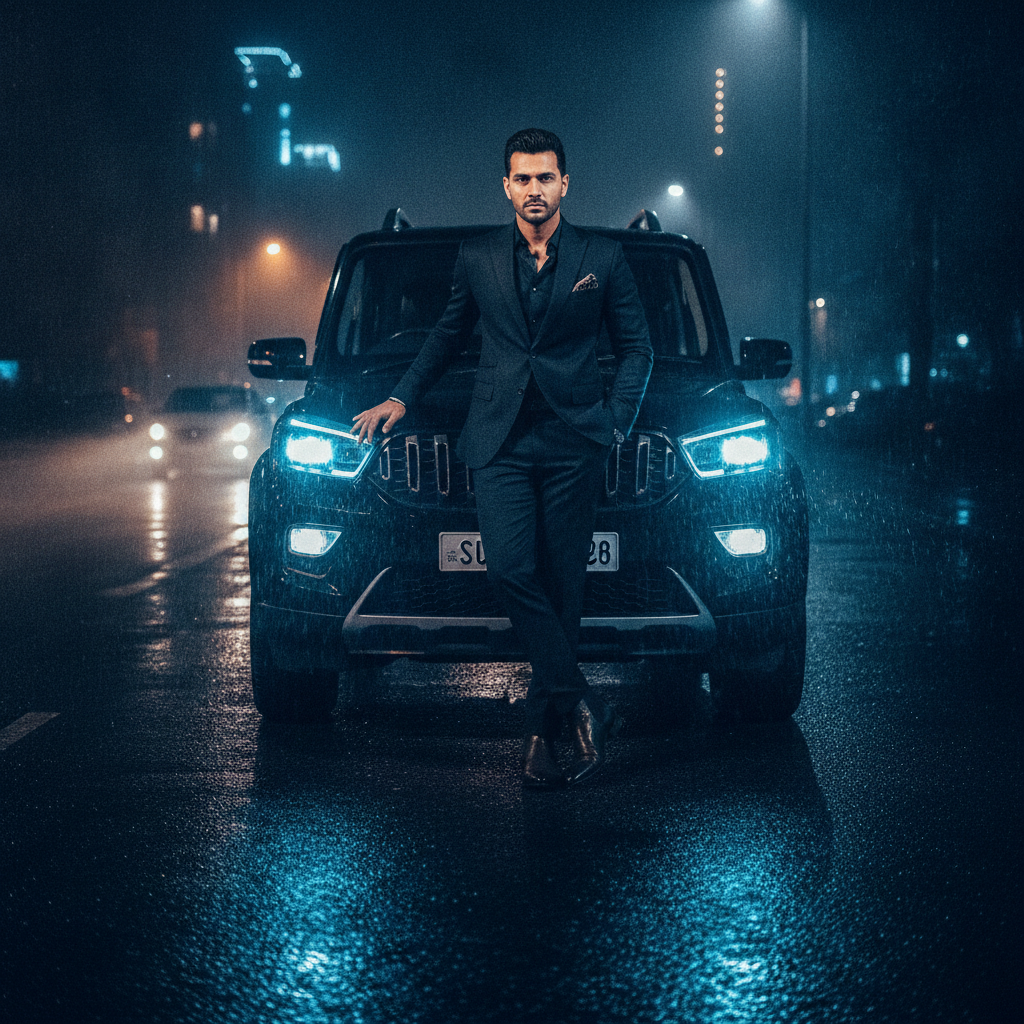 Scorpio AI photo of a man standing in front of a black SUV at night with glowing headlights and wet asphalt reflections in a moody cinematic grade
