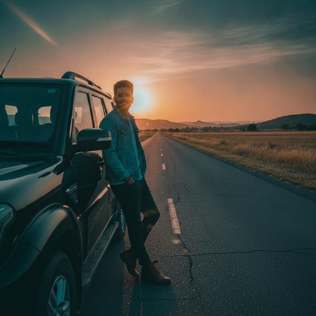 Scorpio AI photo of a man leaning against a black SUV during golden hour with warm sunset backlight and a teal and orange cinematic grade