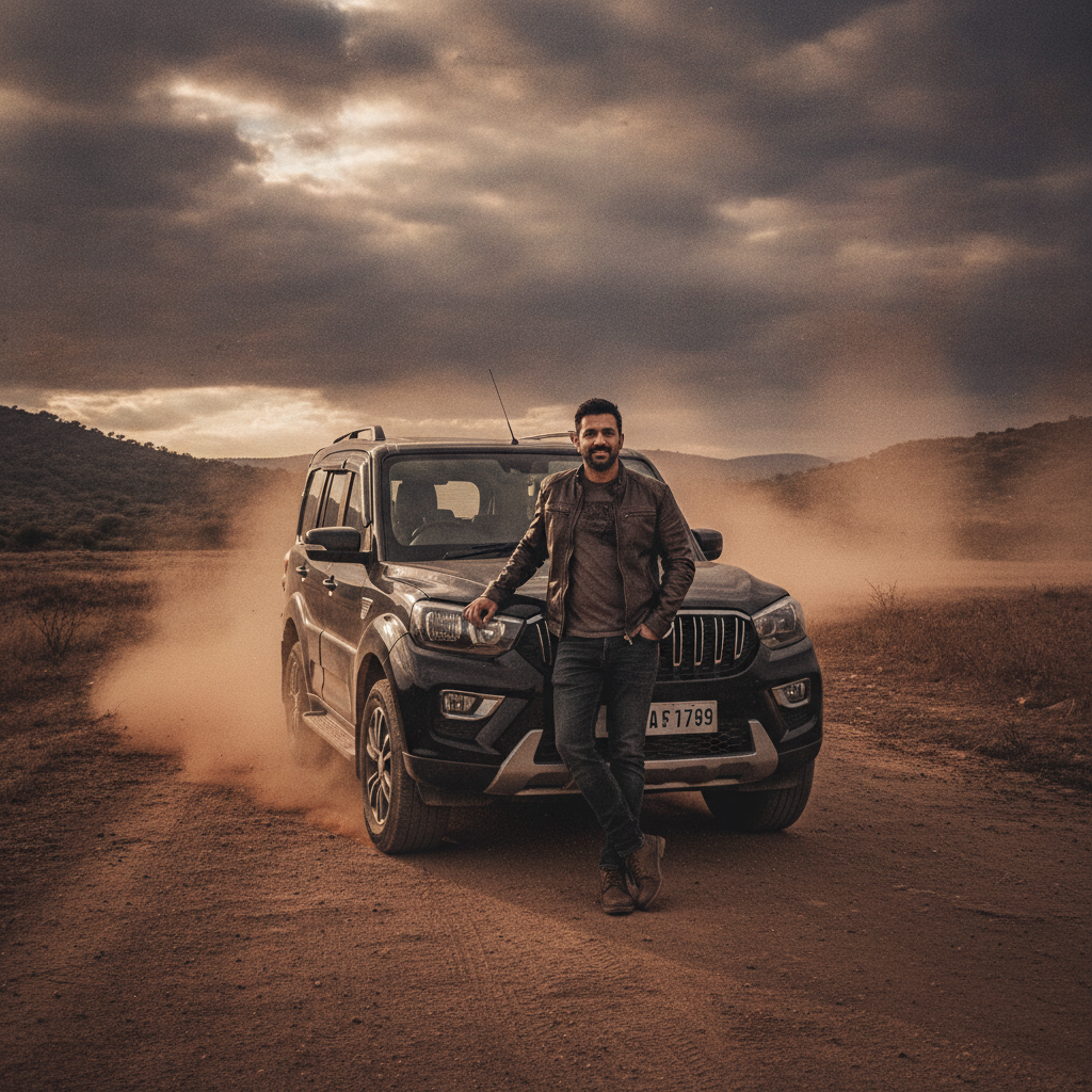 Scorpio AI photo of a man standing beside a black SUV on a dusty rural road under a dramatic cloudy sky, cinematic wide shot