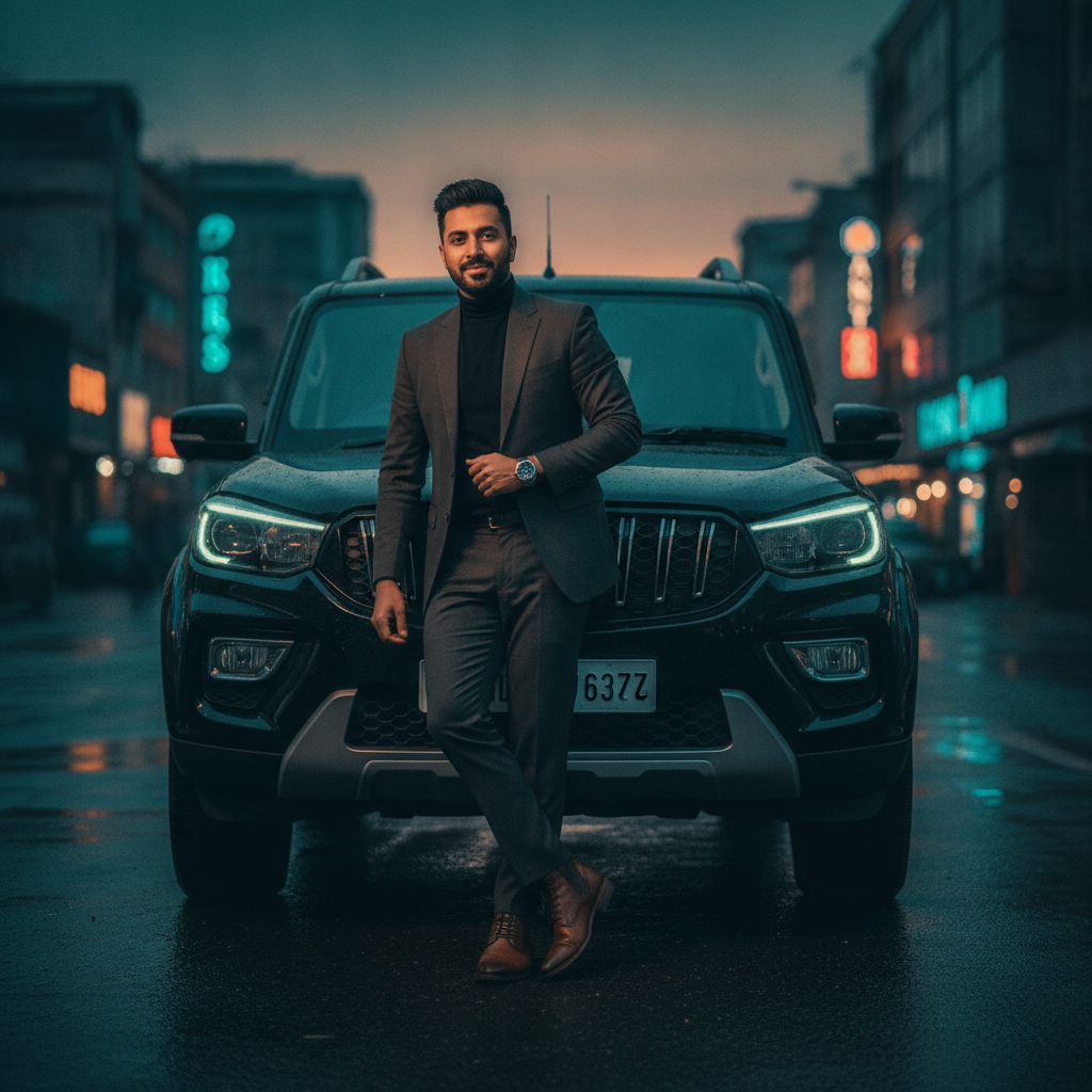 Scorpio AI photo of a man standing in front of a black SUV on a city street at dusk with soft neon signs and a teal and orange cinematic grade