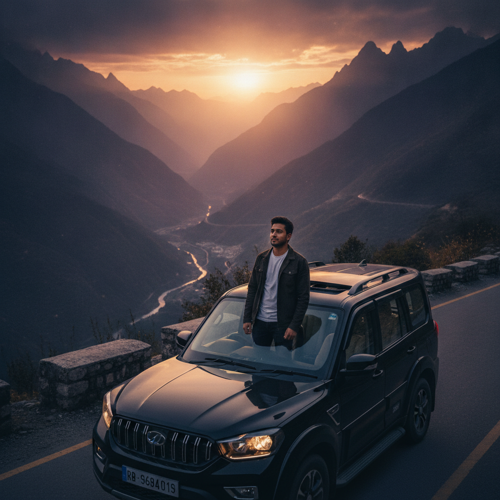 Scorpio AI photo of a man standing up through the open panoramic sunroof of a black SUV on a scenic mountain road at sunset