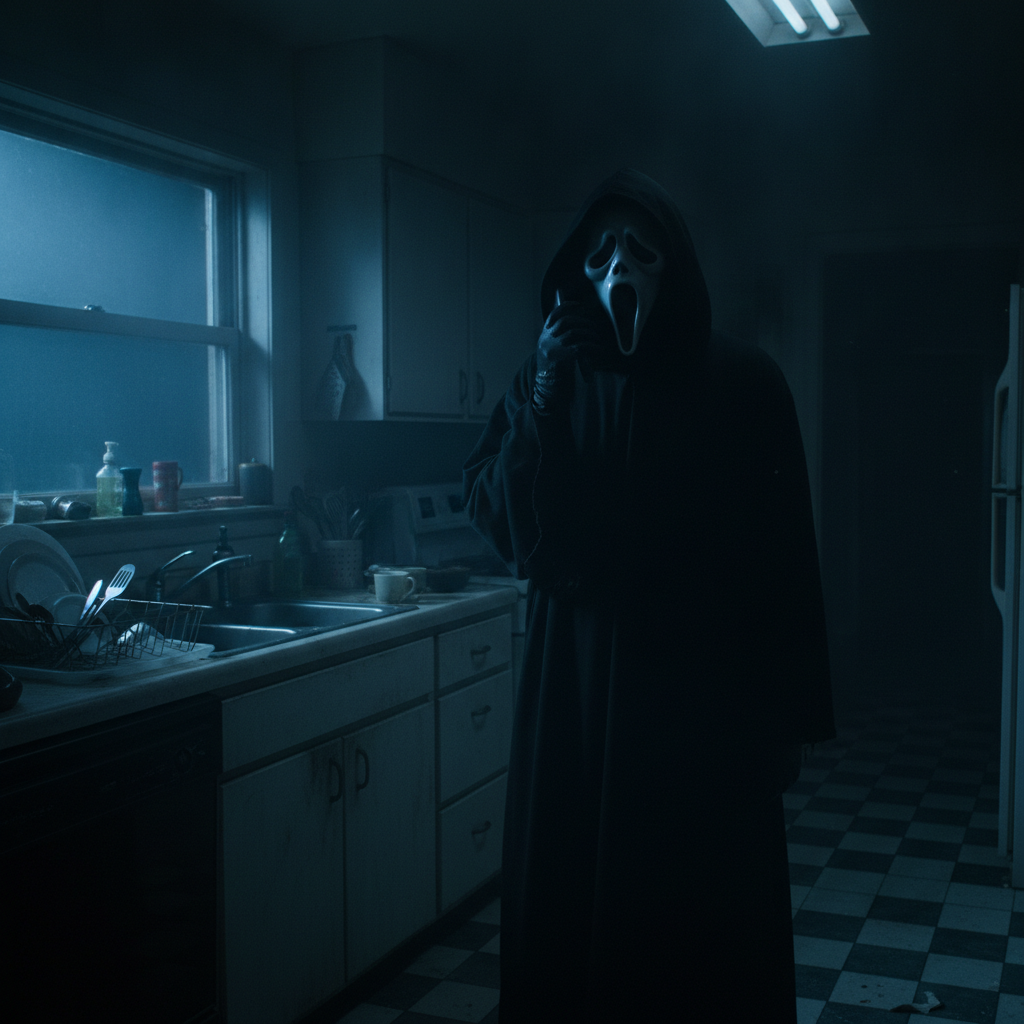 Scream Ghostface AI photo of a masked figure holding a cordless phone to a white ghost-face mask in a dim kitchen with blue moonlight, suspenseful horror scene