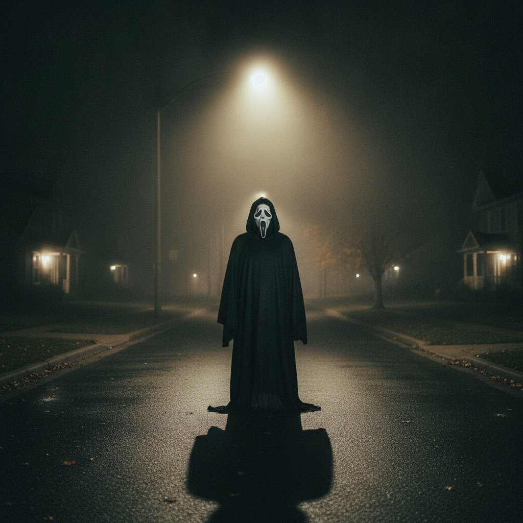 Full-body Scream Ghostface AI photo of a figure in a white ghost-face mask and black robe standing in an empty foggy suburban street under a single streetlight