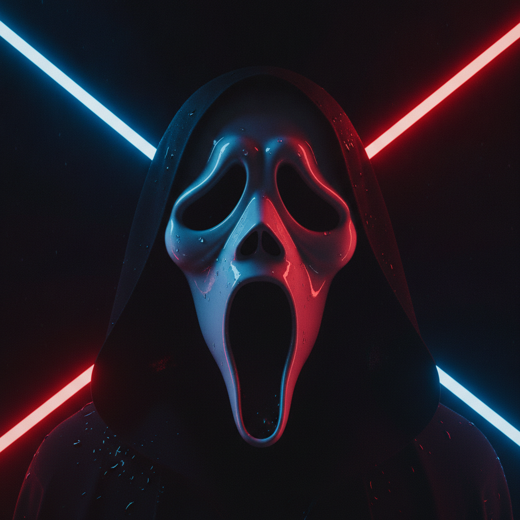 Studio close-up of a glossy white screaming ghost-face mask under a black hood lit with dramatic neon red and blue backlighting, modern slasher movie poster