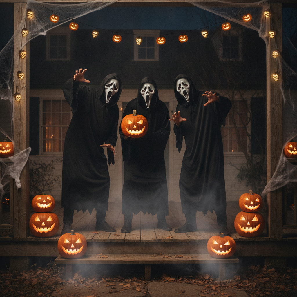 Three friends in matching white ghost-face masks and black hooded robes posing on a porch with jack-o-lanterns and string lights for a Halloween party photo