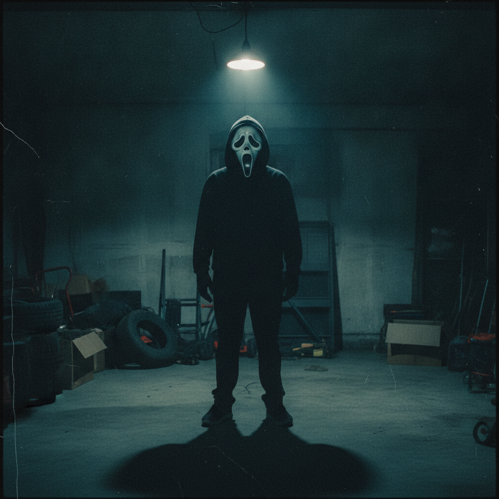 Retro film-grain Scream Ghostface AI photo of a person in a white ghost-face mask and black hoodie in a dim garage under a bare bulb, 1990s slasher aesthetic