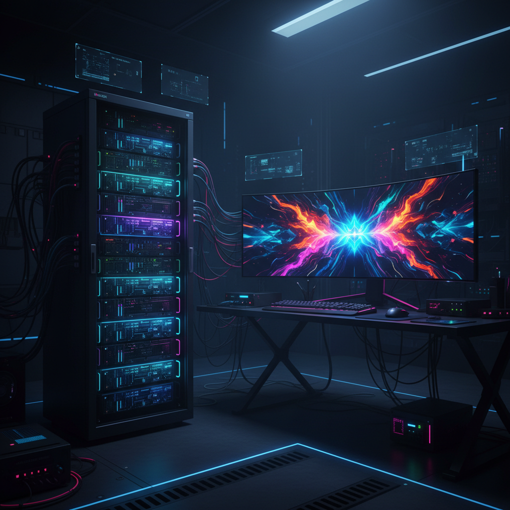Self-hosted AI art generator — home server rack running AI art generation with glowing neon circuit patterns and a monitor showing colorful AI-generated artwork, private offline AI art creation setup