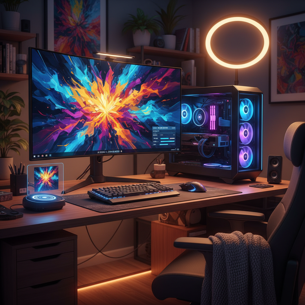 Run AI art locally — cozy home office desk with a powerful desktop PC generating AI art offline, dual monitors displaying vibrant abstract paintings, self-hosted AI art workstation