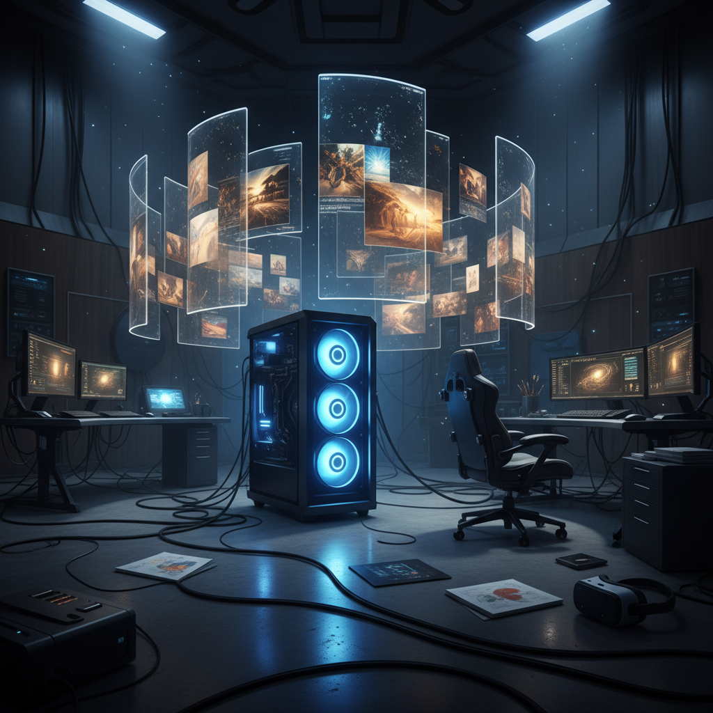 Private on-premise AI art studio — GPU tower with glowing fans and a holographic gallery of AI-generated paintings floating around, host your own AI art server concept