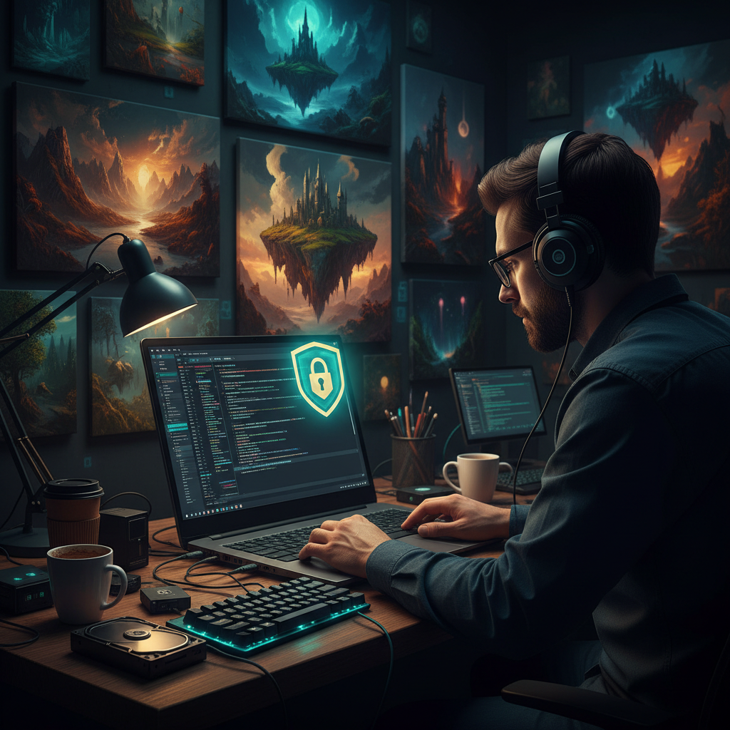 Developer self-hosting AI art on a laptop with a padlock privacy shield icon, surrounded by generated fantasy landscape paintings, private AI art creation workspace