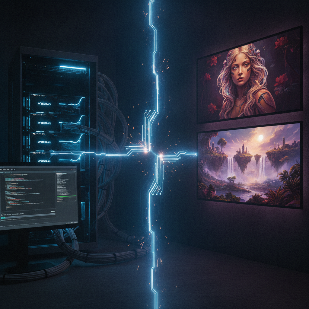 Offline self-hosted AI art generation split scene — a local server on one side and stunning generated portrait and landscape art on the other, connected by circuit lines