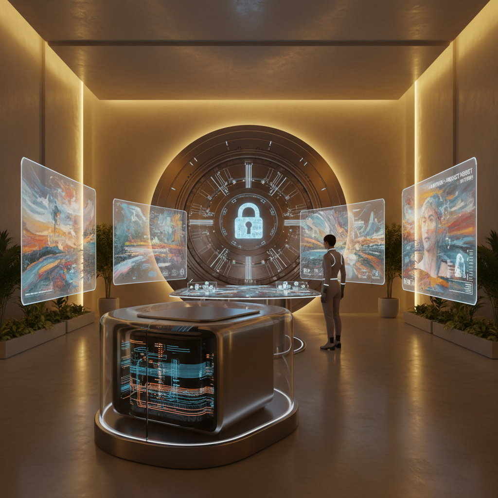 Futuristic minimalist home data center generating oil-painting style AI artwork with a secure vault door symbolizing privacy, self-hosted AI art server for private AI art creation