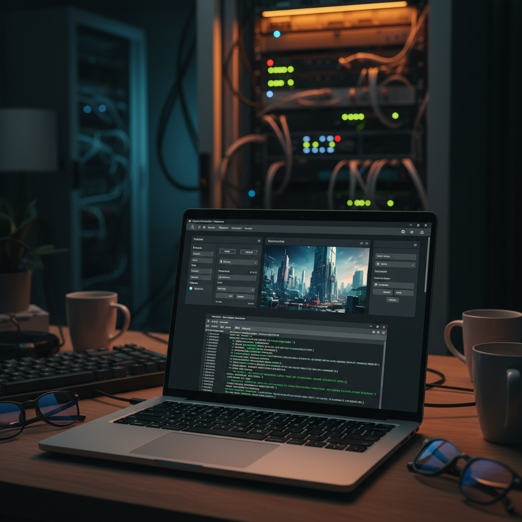 Self-hosted AI image generator dashboard running on a developer laptop with dark mode terminal showing Docker container output and an on-premise AI server rack glowing with yellow accent lighting in the background — local AI image generation in production
