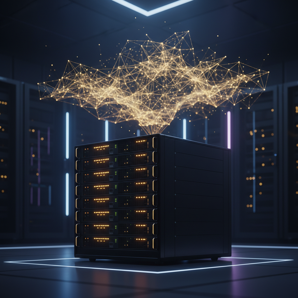 On-premise AI image generation server with sleek black hardware and glowing yellow status LEDs, abstract neural network visualization floating above the rack, cinematic photorealistic lighting showcasing self-hosted image tools at scale