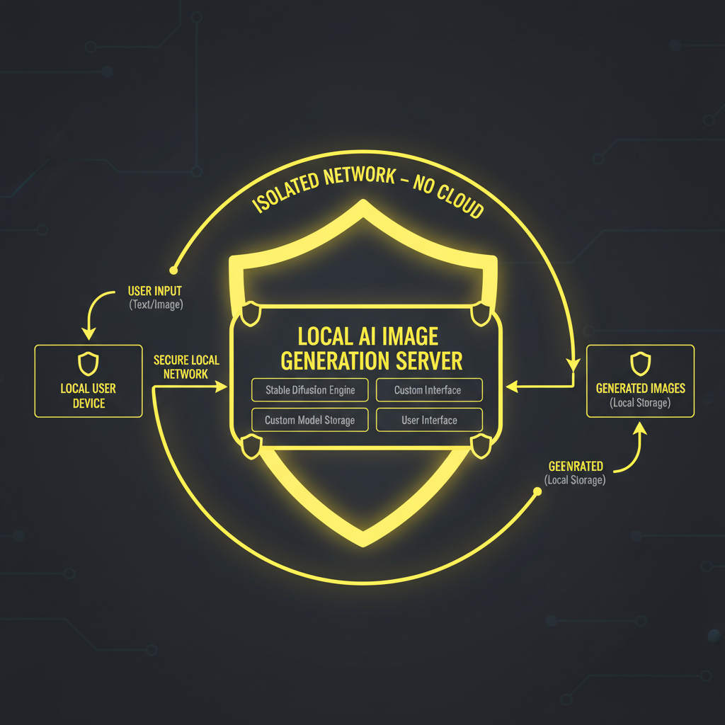 Privacy-focused local AI image generation workflow diagram with isolated network and shield icons, dark theme infographic with yellow highlights showing self-hosted AI image generator data flow staying entirely on-premise